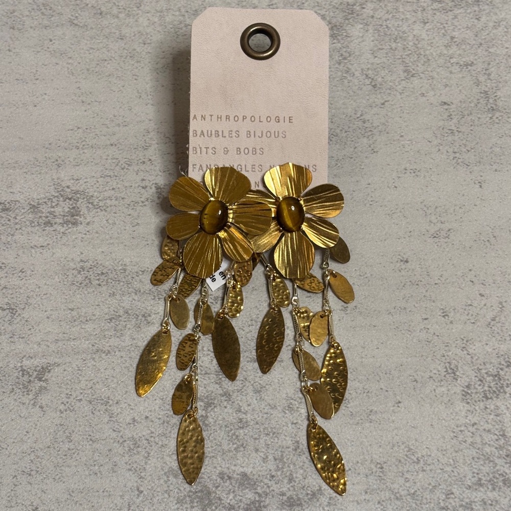 Anthropologie Floating Petals Drop Earrings in Brown and Gold